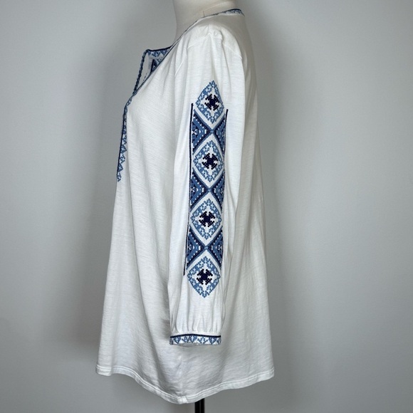J.Jill Embroidered Knit Peasant Boho Top 3/4 Sleeves Cotton Women’s Size Medium - Picture 3 of 8